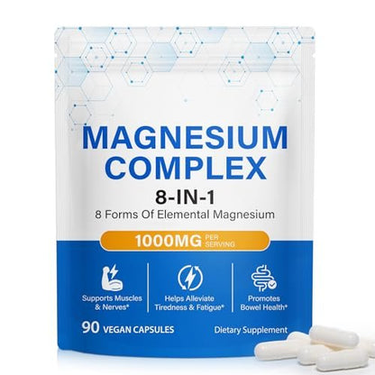 8-in-1 Magnesium Komplex Kapseln 90 Stück – mit Magnesiumglycinat, Citrat, Malat, Taurat – für Schlaf, Muskelentspannung, Nerven & Herz, Energie
