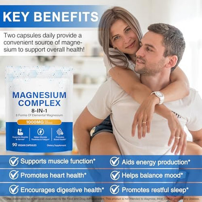 8-in-1 Magnesium Komplex Kapseln 90 Stück – mit Magnesiumglycinat, Citrat, Malat, Taurat – für Schlaf, Muskelentspannung, Nerven & Herz, Energie