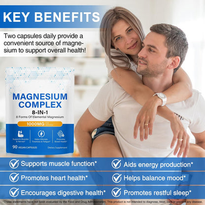 8-in-1 Magnesium Komplex Kapseln 90 Stück – mit Magnesiumglycinat, Citrat, Malat, Taurat – für Schlaf, Muskelentspannung, Nerven & Herz, Energie