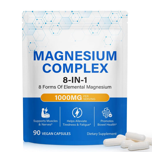 8-in-1 Magnesium Komplex Kapseln 90 Stück – mit Magnesiumglycinat, Citrat, Malat, Taurat – für Schlaf, Muskelentspannung, Nerven & Herz, Energie