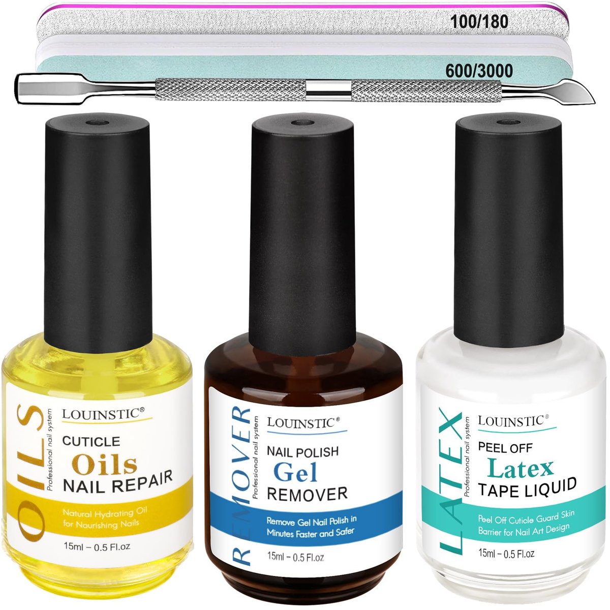 LOUINSTIC 3-in-1 Gel-Nagellack-Entferner-Set – Acetonfreier Gel-Nagellack-Entferner, flüssiges Latex-Peel-Off-Tape, Nagelhautöl & Maniküre-Werkzeuge – Entfernt Gel in 2–5 Minuten, ohne Folie