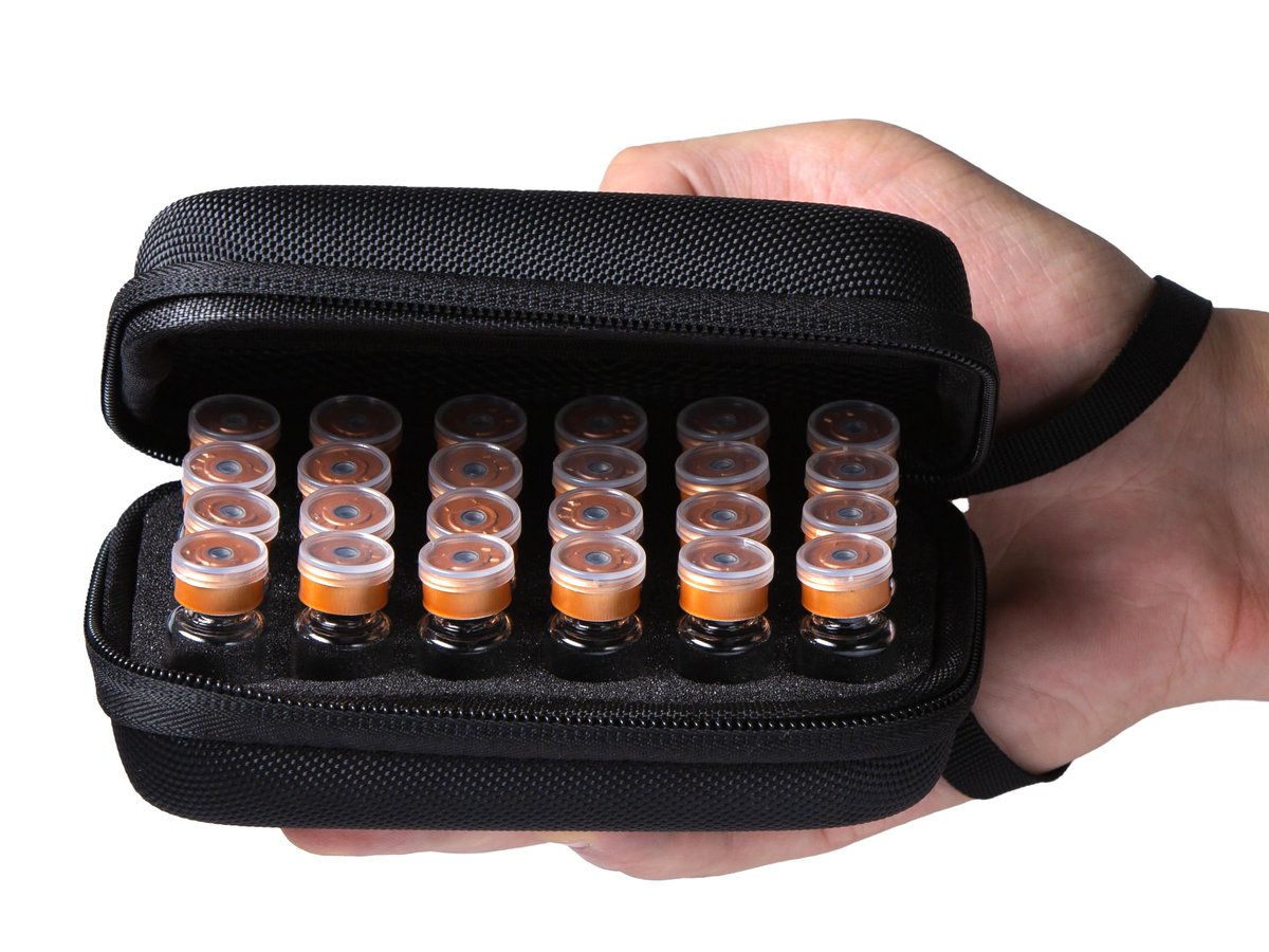 Moyite 24 Slots Peptid-Aufbewahrungsbox für Kühlschrank – Passend für 1ml, 2ml, 3ml Vials – mit Handschlaufe und Logo – Schwarz (nur Box)