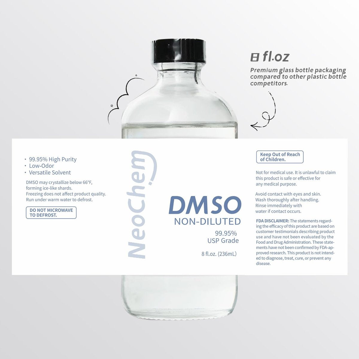 NeoChem Dimethyl Sulfoxid (DMSO) 99,95 % rein flüssig | 8 oz. DMSO unverdünnt | Geruchslos, in hochwertiger Glasflasche
