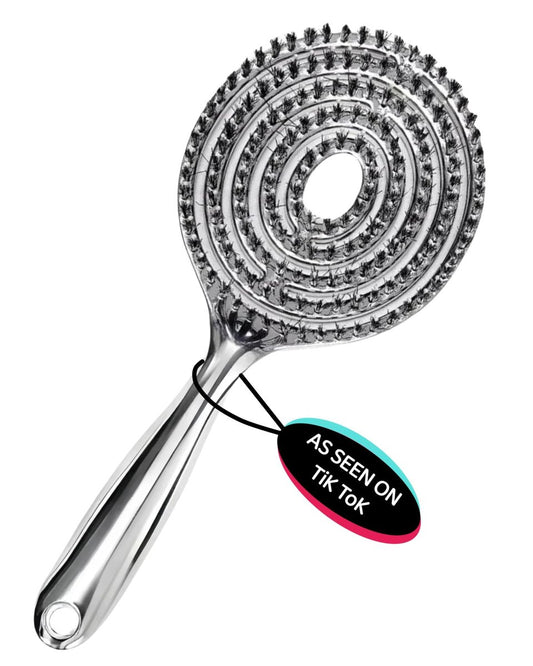 Ventilierte Haarbürste für nasses und trockenes Haar – Schnelles Föhnen mit Wildschweinborsten und elastischer Kopfhautmassage – Doppellagiges Design für glattes Haar (Chrom Silber)