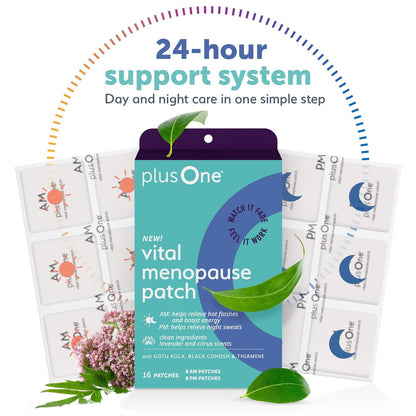 plusOne Vital Menopause Pflaster AM & PM – Unterstützung bei Hitzewallungen & Nachtschweiß – Fördert Energie & Schlaf – Kräuter-Arjuna-Tägliche Pflaster – 16 Stück