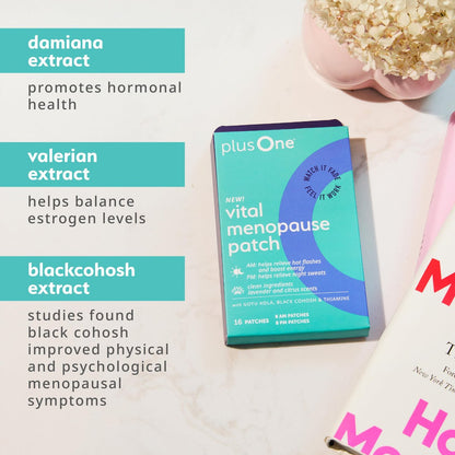 plusOne Vital Menopause Pflaster AM & PM – Unterstützung bei Hitzewallungen & Nachtschweiß – Fördert Energie & Schlaf – Kräuter-Arjuna-Tägliche Pflaster – 16 Stück