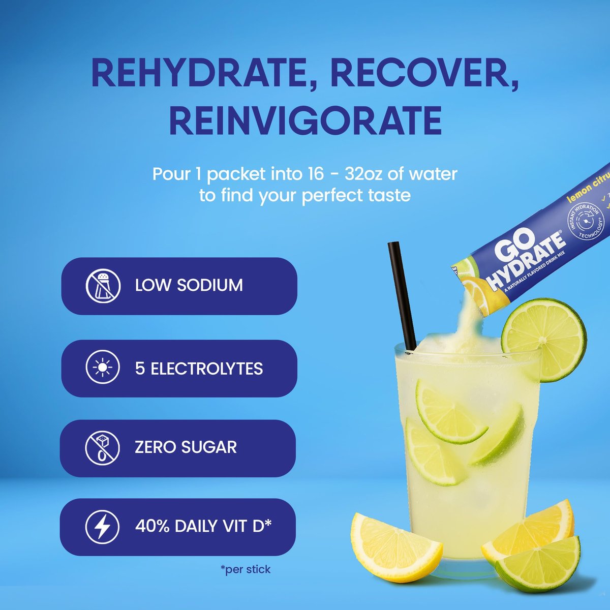 GoHydrate Elektrolyt-Pulver-Päckchen mit niedrigem Natriumgehalt, zuckerfrei - Instant-Hydratation täglicher Trinkmix - Null Zucker Wasseraroma-Päckchen mit Vitamin D - (Zitronenlimonade gemischt, 15 Päckchen)