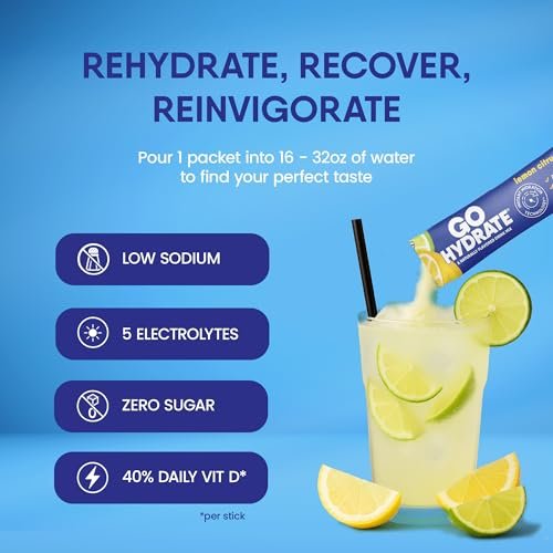 GoHydrate Elektrolyt-Pulver-Päckchen mit niedrigem Natriumgehalt, zuckerfrei - Instant-Hydratation täglicher Trinkmix - Null Zucker Wasseraroma-Päckchen mit Vitamin D - (Zitronenlimonade gemischt, 15 Päckchen)