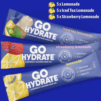 GoHydrate Elektrolyt-Pulver-Päckchen mit niedrigem Natriumgehalt, zuckerfrei - Instant-Hydratation täglicher Trinkmix - Null Zucker Wasseraroma-Päckchen mit Vitamin D - (Zitronenlimonade gemischt, 15 Päckchen)