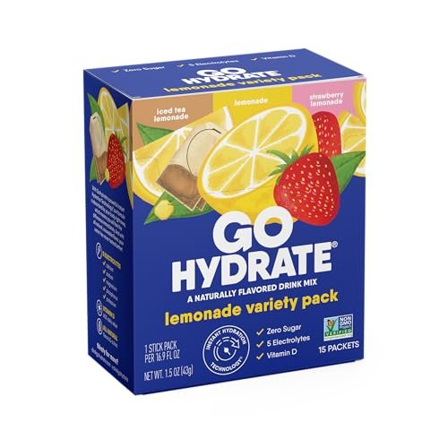 GoHydrate Elektrolyt-Pulver-Päckchen mit niedrigem Natriumgehalt, zuckerfrei - Instant-Hydratation täglicher Trinkmix - Null Zucker Wasseraroma-Päckchen mit Vitamin D - (Zitronenlimonade gemischt, 15 Päckchen)
