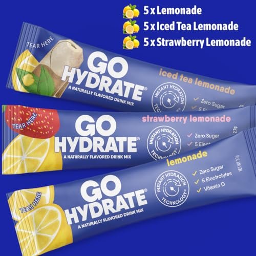 GoHydrate Elektrolyt-Pulver-Päckchen mit niedrigem Natriumgehalt, zuckerfrei - Instant-Hydratation täglicher Trinkmix - Null Zucker Wasseraroma-Päckchen mit Vitamin D - (Zitronenlimonade gemischt, 15 Päckchen)