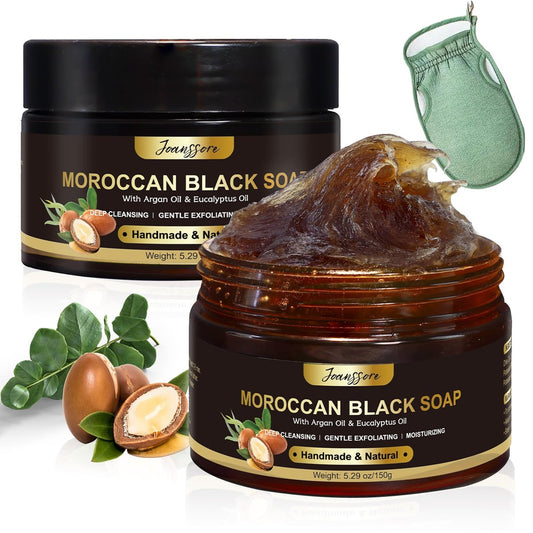2er-Pack Marokkanische Schwarze Seife Hammam, Peeling-Körperreiniger mit Exfoliationshandschuh, Arganöl & Eukalyptus – Tiefenreinigung, pflegt die Haut weich