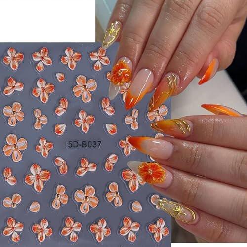 QEYRIYI 3D Blumen-Nagelaufkleber – Selbstklebende Lily-, Hibiskus- und Tulpen-Nagelsticker für DIY-Maniküre, 4 Bögen
