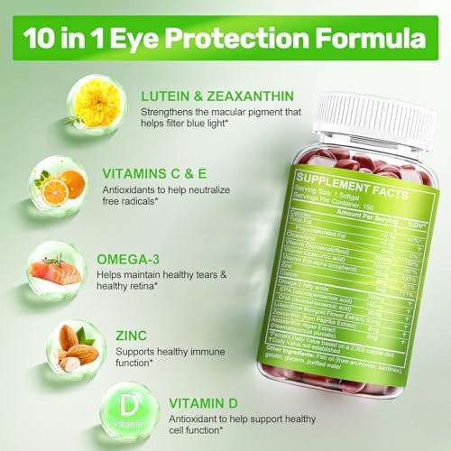 Lutein & Zeaxanthin Kapseln – Augen-Vitamine mit Omega-3 für Sehkraft & Augengesundheit, 150 Softgels