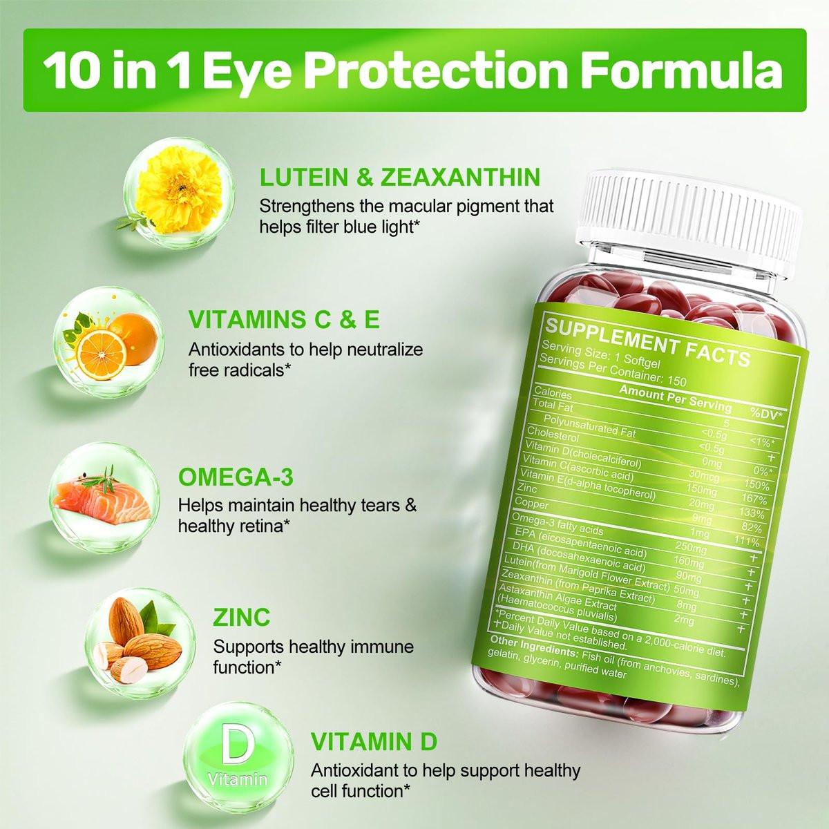Lutein & Zeaxanthin Kapseln – Augen-Vitamine mit Omega-3 für Sehkraft & Augengesundheit, 150 Softgels