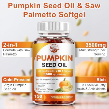 Kürbiskernöl mit Sägepalme, 3500mg maximale Stärke pro Portion, 150 Softgels, kaltgepresst mit essentiellen Fettsäuren & Phytosterolen, Unterstützt Haar-, Blasen- und Prostatagesundheit sowie Immunsystem