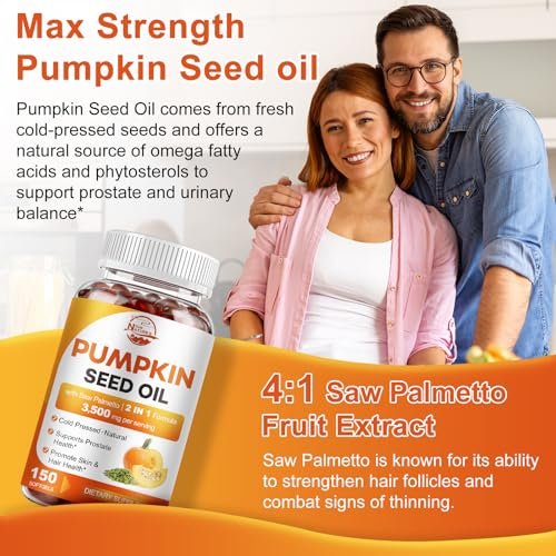 Kürbiskernöl mit Sägepalme, 3500mg maximale Stärke pro Portion, 150 Softgels, kaltgepresst mit essentiellen Fettsäuren & Phytosterolen, Unterstützt Haar-, Blasen- und Prostatagesundheit sowie Immunsystem