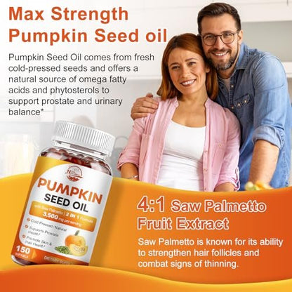 Kürbiskernöl mit Sägepalme, 3500mg maximale Stärke pro Portion, 150 Softgels, kaltgepresst mit essentiellen Fettsäuren & Phytosterolen, Unterstützt Haar-, Blasen- und Prostatagesundheit sowie Immunsystem