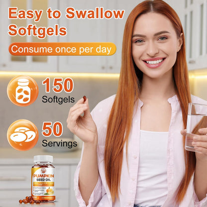 Kürbiskernöl mit Sägepalme, 3500mg maximale Stärke pro Portion, 150 Softgels, kaltgepresst mit essentiellen Fettsäuren & Phytosterolen, Unterstützt Haar-, Blasen- und Prostatagesundheit sowie Immunsystem