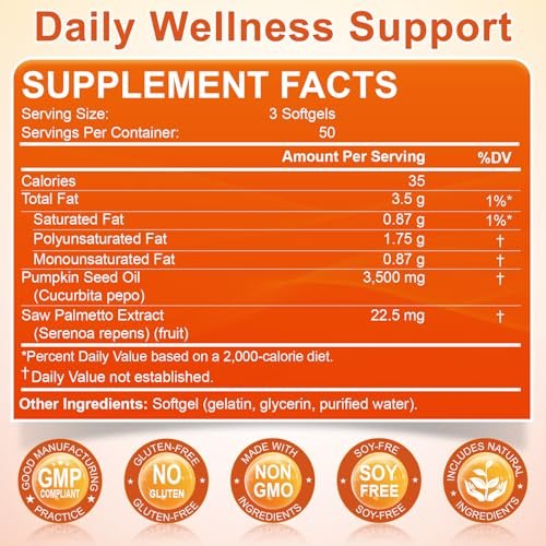 Kürbiskernöl mit Sägepalme, 3500mg maximale Stärke pro Portion, 150 Softgels, kaltgepresst mit essentiellen Fettsäuren & Phytosterolen, Unterstützt Haar-, Blasen- und Prostatagesundheit sowie Immunsystem