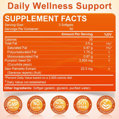 Kürbiskernöl mit Sägepalme, 3500mg maximale Stärke pro Portion, 150 Softgels, kaltgepresst mit essentiellen Fettsäuren & Phytosterolen, Unterstützt Haar-, Blasen- und Prostatagesundheit sowie Immunsystem