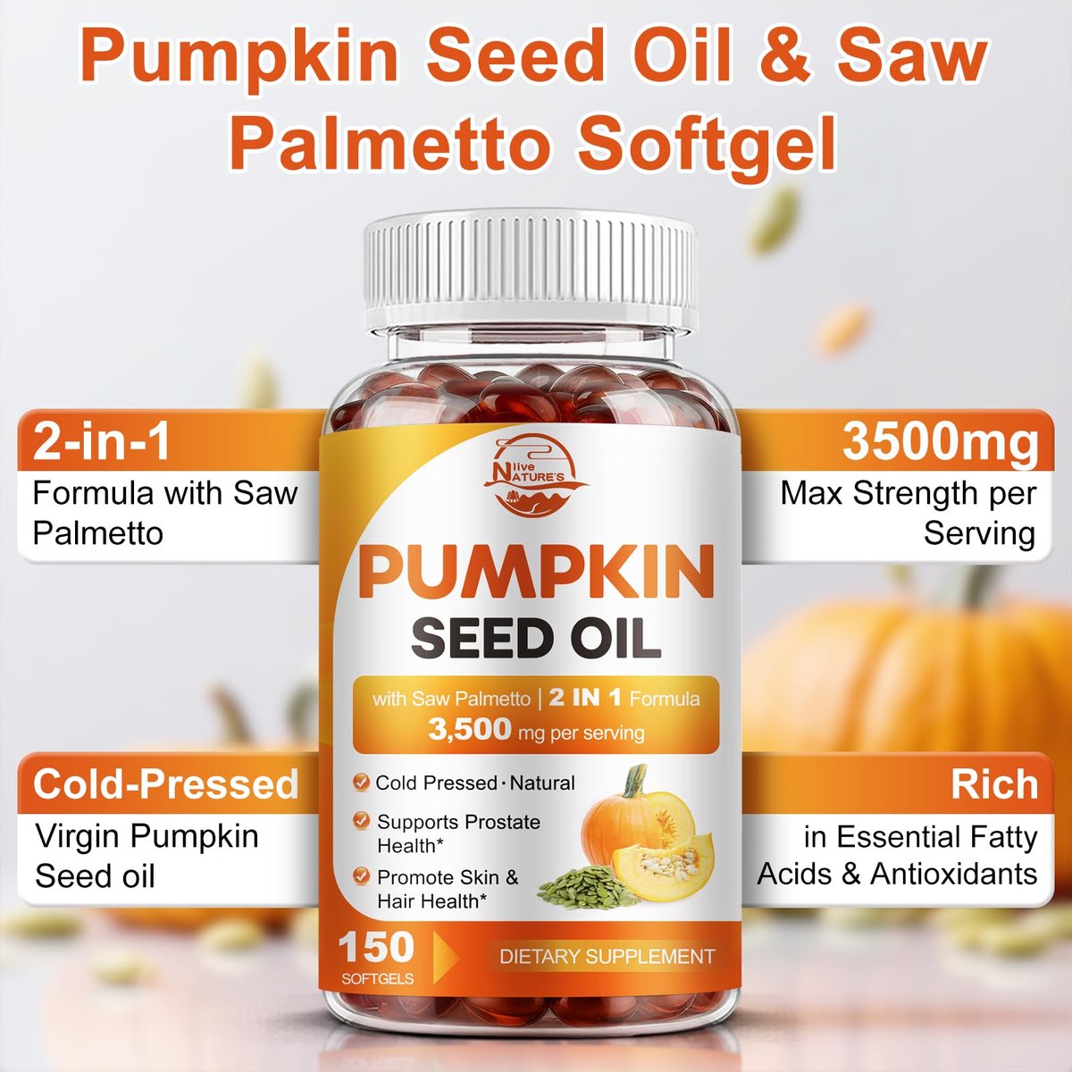 Kürbiskernöl mit Sägepalme, 3500mg maximale Stärke pro Portion, 150 Softgels, kaltgepresst mit essentiellen Fettsäuren & Phytosterolen, Unterstützt Haar-, Blasen- und Prostatagesundheit sowie Immunsystem