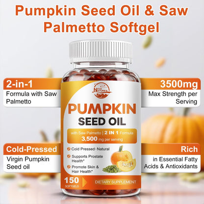 Kürbiskernöl mit Sägepalme, 3500mg maximale Stärke pro Portion, 150 Softgels, kaltgepresst mit essentiellen Fettsäuren & Phytosterolen, Unterstützt Haar-, Blasen- und Prostatagesundheit sowie Immunsystem