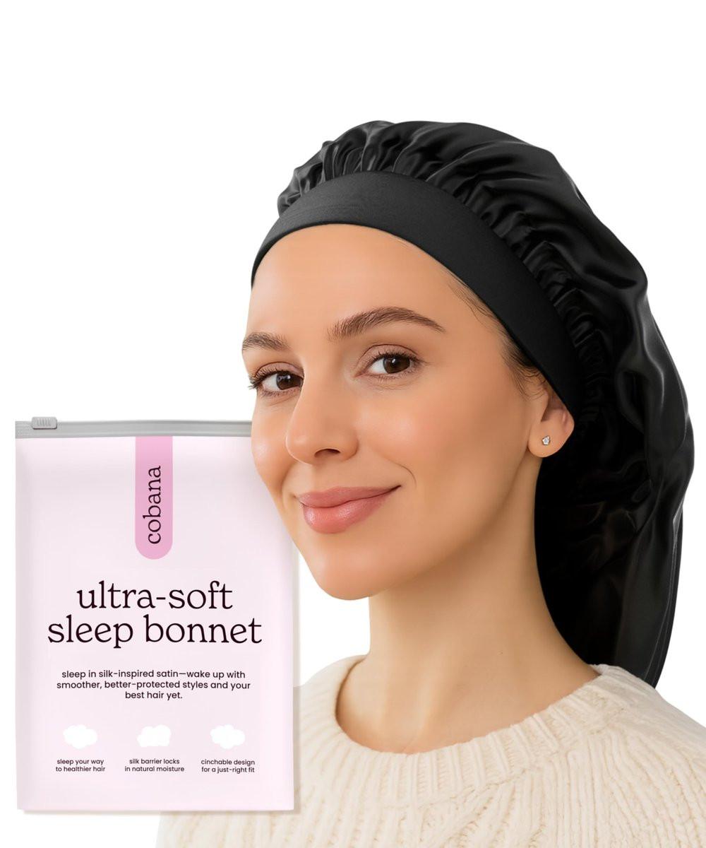 Cobana Satin Schlafhaube – Doppelt gefütterte Nachtkappe für Naturhaar, Zöpfe, Locken & alle Haartypen – Verstellbar, rutschfest – Schützt die Haarspitzen über Nacht (Schwarz)