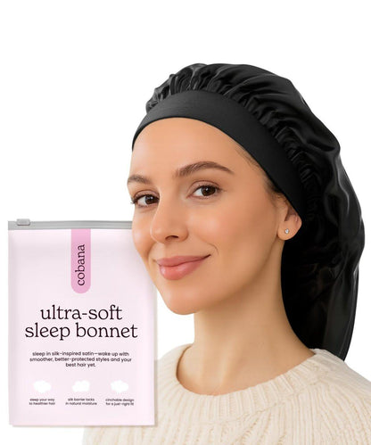 Cobana Satin Schlafhaube – Doppelt gefütterte Nachtkappe für Naturhaar, Zöpfe, Locken & alle Haartypen – Verstellbar, rutschfest – Schützt die Haarspitzen über Nacht (Schwarz)