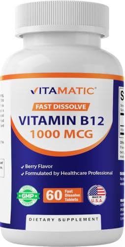 Vitamatic Vitamin B12 1000 mcg Schnell lösliche Tabletten – 60 Stück – Natürlicher Beerengeschmack – Unterstützt Energie-Stoffwechsel & Nervensystem