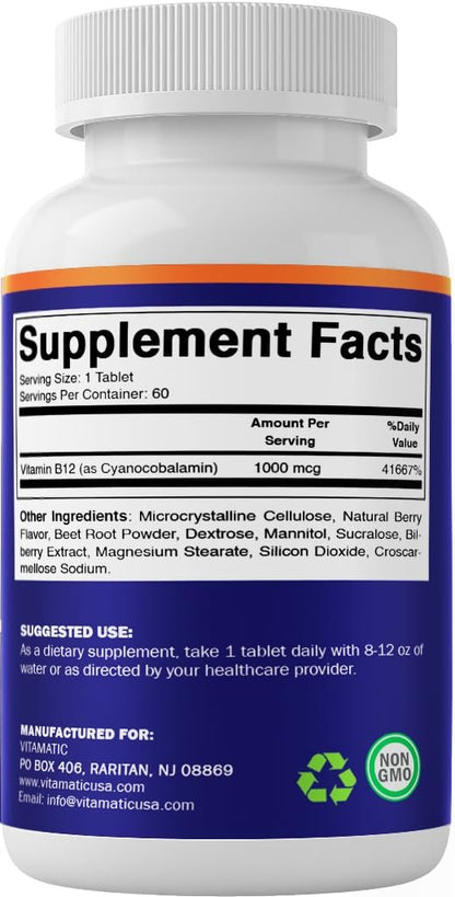 Vitamatic Vitamin B12 1000 mcg Schnell lösliche Tabletten – 60 Stück – Natürlicher Beerengeschmack – Unterstützt Energie-Stoffwechsel & Nervensystem