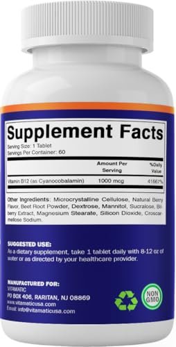 Vitamatic Vitamin B12 1000 mcg Schnell lösliche Tabletten – 60 Stück – Natürlicher Beerengeschmack – Unterstützt Energie-Stoffwechsel & Nervensystem