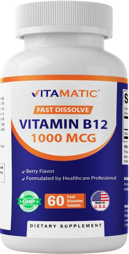 Vitamatic Vitamin B12 1000 mcg Schnell lösliche Tabletten – 60 Stück – Natürlicher Beerengeschmack – Unterstützt Energie-Stoffwechsel & Nervensystem