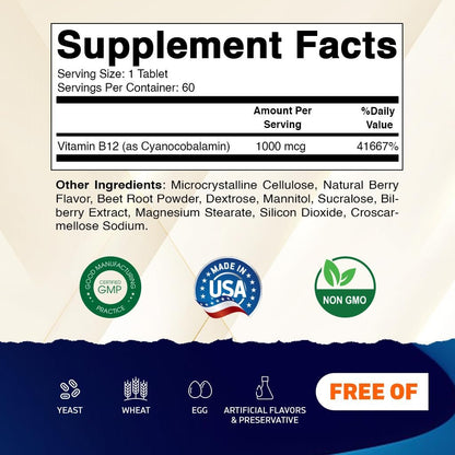 Vitamatic Vitamin B12 1000 mcg Schnell lösliche Tabletten – 60 Stück – Natürlicher Beerengeschmack – Unterstützt Energie-Stoffwechsel & Nervensystem
