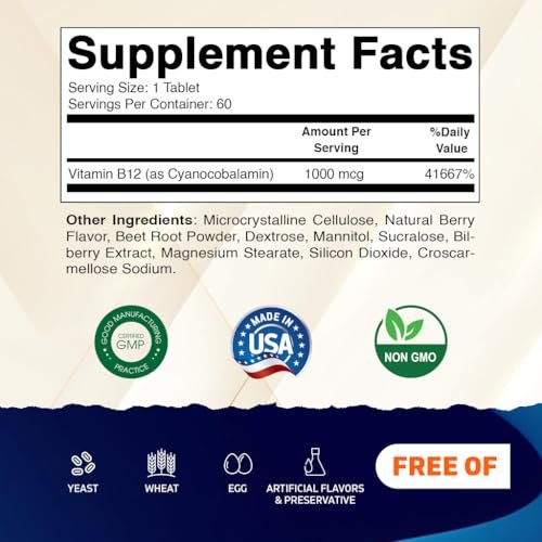 Vitamatic Vitamin B12 1000 mcg Schnell lösliche Tabletten – 60 Stück – Natürlicher Beerengeschmack – Unterstützt Energie-Stoffwechsel & Nervensystem