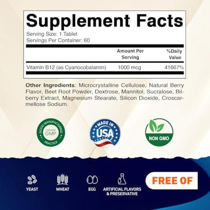 Vitamatic Vitamin B12 1000 mcg Schnell lösliche Tabletten – 60 Stück – Natürlicher Beerengeschmack – Unterstützt Energie-Stoffwechsel & Nervensystem