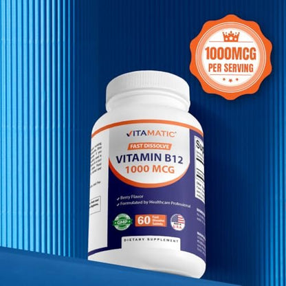 Vitamatic Vitamin B12 1000 mcg Schnell lösliche Tabletten – 60 Stück – Natürlicher Beerengeschmack – Unterstützt Energie-Stoffwechsel & Nervensystem
