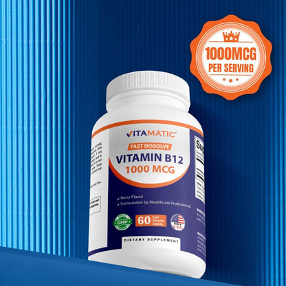 Vitamatic Vitamin B12 1000 mcg Schnell lösliche Tabletten – 60 Stück – Natürlicher Beerengeschmack – Unterstützt Energie-Stoffwechsel & Nervensystem