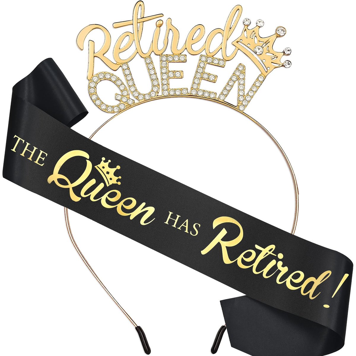 Ruhestandsgeschenke für Frauen – Schwarze Goldene Schärpe und Tiara – Die Königin hat ihren Ruhestand angetreten! Diamant-Stirnband für die Ruhestandsparty