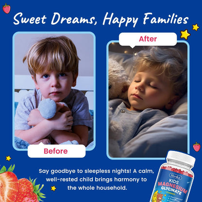 Magnesium Glycinat Gummibärchen für Kinder – mit L-Theanin, Omega-3, Vitamin B6, D3, Zink – Zuckerfreie Erdbeer-Gummis für Schlaf, Entspannung, Ruhe & Konzentration – 60 Stück