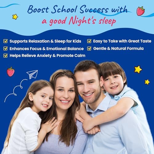 Magnesium Glycinat Gummibärchen für Kinder – mit L-Theanin, Omega-3, Vitamin B6, D3, Zink – Zuckerfreie Erdbeer-Gummis für Schlaf, Entspannung, Ruhe & Konzentration – 60 Stück