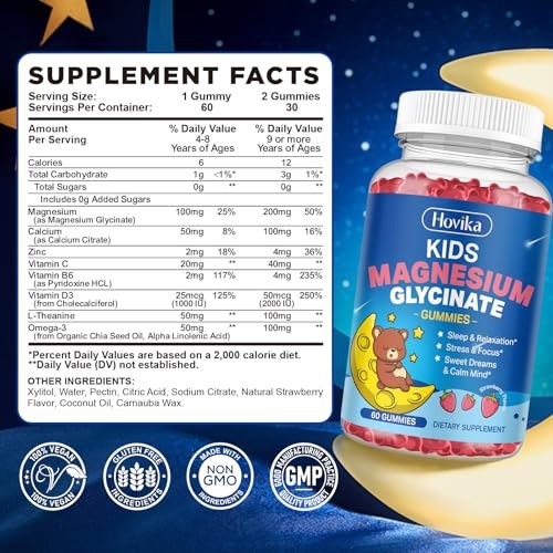 Magnesium Glycinat Gummibärchen für Kinder – mit L-Theanin, Omega-3, Vitamin B6, D3, Zink – Zuckerfreie Erdbeer-Gummis für Schlaf, Entspannung, Ruhe & Konzentration – 60 Stück