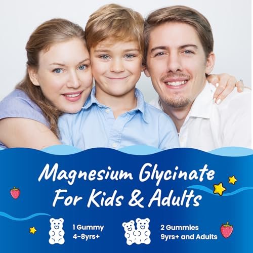 Magnesium Glycinat Gummibärchen für Kinder – mit L-Theanin, Omega-3, Vitamin B6, D3, Zink – Zuckerfreie Erdbeer-Gummis für Schlaf, Entspannung, Ruhe & Konzentration – 60 Stück