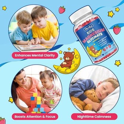 Magnesium Glycinat Gummibärchen für Kinder – mit L-Theanin, Omega-3, Vitamin B6, D3, Zink – Zuckerfreie Erdbeer-Gummis für Schlaf, Entspannung, Ruhe & Konzentration – 60 Stück