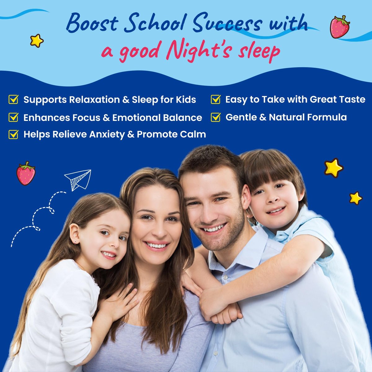 Magnesium Glycinat Gummibärchen für Kinder – mit L-Theanin, Omega-3, Vitamin B6, D3, Zink – Zuckerfreie Erdbeer-Gummis für Schlaf, Entspannung, Ruhe & Konzentration – 60 Stück
