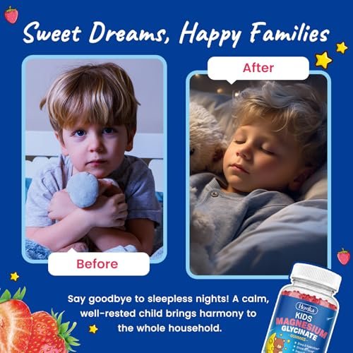 Magnesium Glycinat Gummibärchen für Kinder – mit L-Theanin, Omega-3, Vitamin B6, D3, Zink – Zuckerfreie Erdbeer-Gummis für Schlaf, Entspannung, Ruhe & Konzentration – 60 Stück
