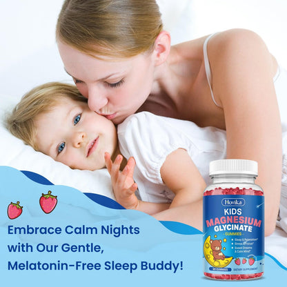 Magnesium Glycinat Gummibärchen für Kinder – mit L-Theanin, Omega-3, Vitamin B6, D3, Zink – Zuckerfreie Erdbeer-Gummis für Schlaf, Entspannung, Ruhe & Konzentration – 60 Stück