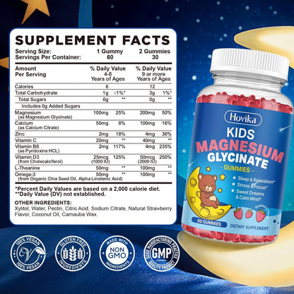 Magnesium Glycinat Gummibärchen für Kinder – mit L-Theanin, Omega-3, Vitamin B6, D3, Zink – Zuckerfreie Erdbeer-Gummis für Schlaf, Entspannung, Ruhe & Konzentration – 60 Stück