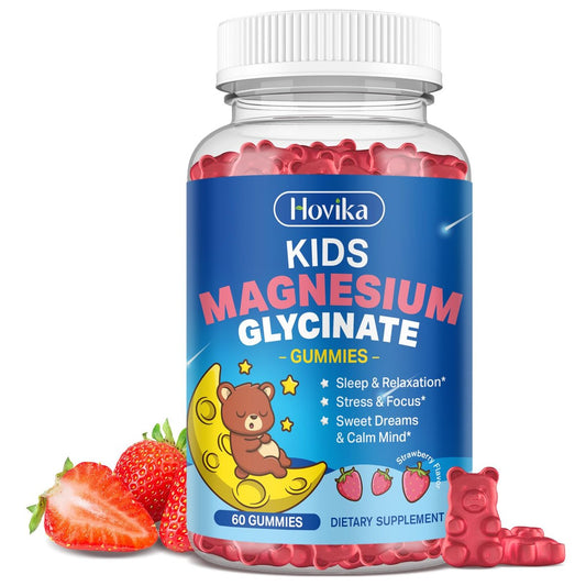 Magnesium Glycinat Gummibärchen für Kinder – mit L-Theanin, Omega-3, Vitamin B6, D3, Zink – Zuckerfreie Erdbeer-Gummis für Schlaf, Entspannung, Ruhe & Konzentration – 60 Stück