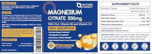 NATURE TARGET Magnesium Citrat 500 mg mit Zink & Vitamin D für Muskel-, Nerven-, Knochen- und Herzgesundheit, hochabsorbierendes Magnesiumpräparat, leicht zu schluckende Magnesiumkapseln für Frauen & Männer, 120 VegKaps
